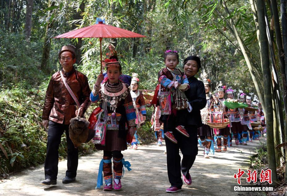 廣西侗鄉(xiāng)演繹傳統民俗 百人挑禮送新生兒回娘家