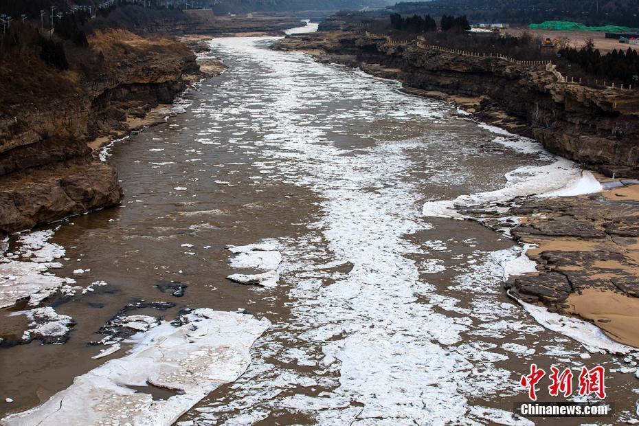 黃河秦晉峽谷大面積流凌 壺口瀑布兩岸現(xiàn)冰掛景觀