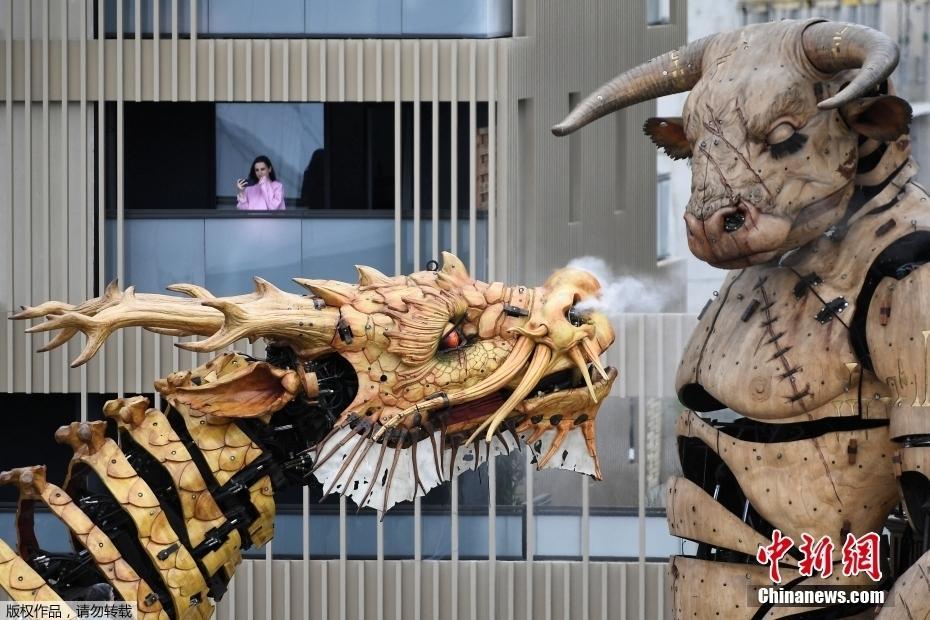 法國(guó)街頭現(xiàn)“龍馬”巨獸 騰躍噴火技能多