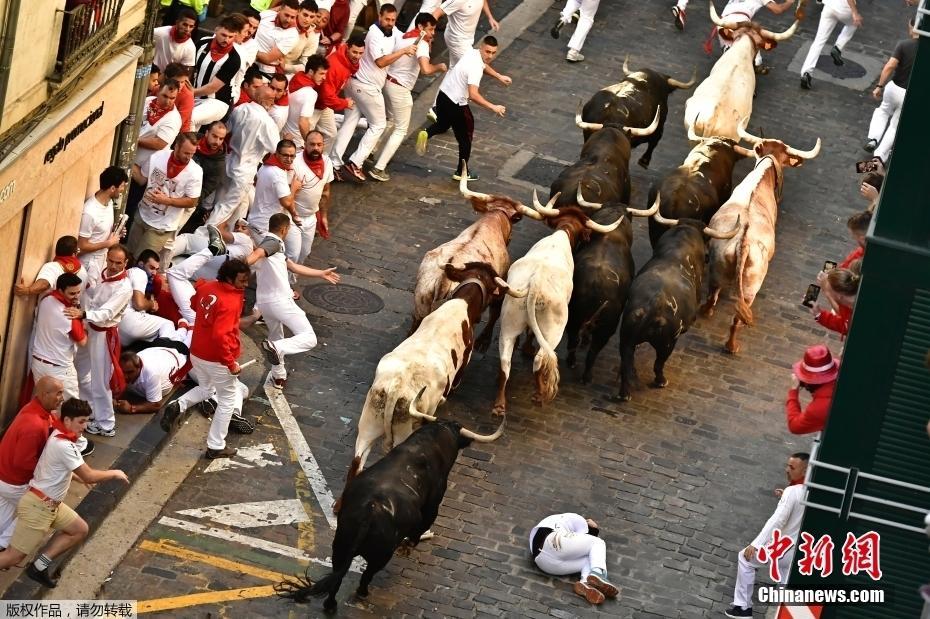 西班牙奔牛节狂欢持续 街巷上演“人牛追逐”