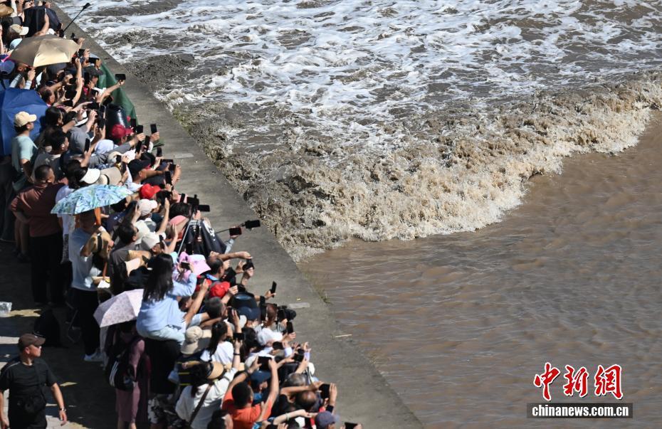 浙江海宁：钱塘江大潮汹涌壮观吸引游客