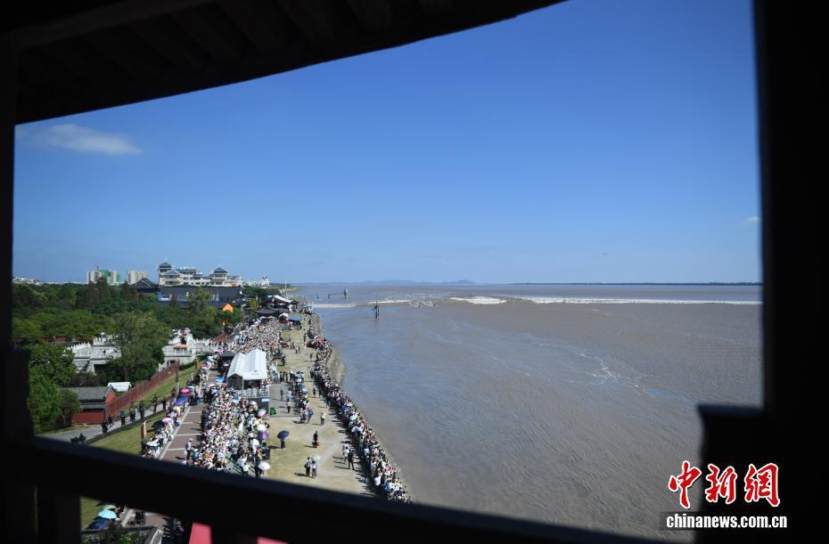 浙江海宁：钱塘江大潮汹涌壮观吸引游客